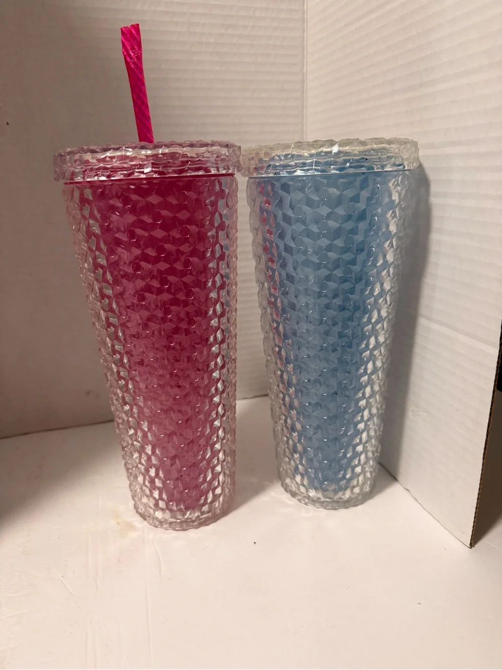 Pink and Blue Textured Double-Wall Tumbler with Lid and Straw